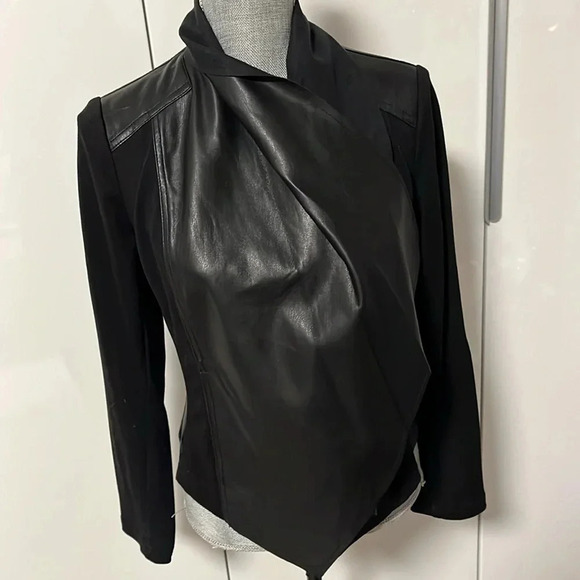 Drape Front Faux Leather Open Jacket Pockets, Size M - Picture 9 of 13